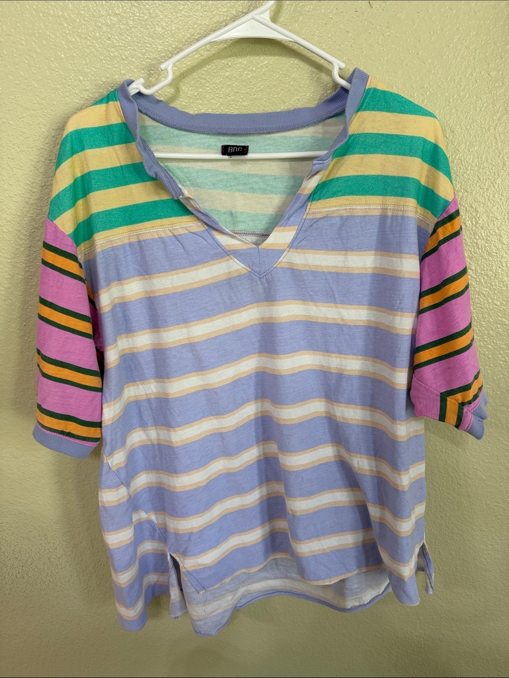 BDG Pastel Multi-Stripe V-Neck Tee in Lilac, Mint, Pink & Yellow